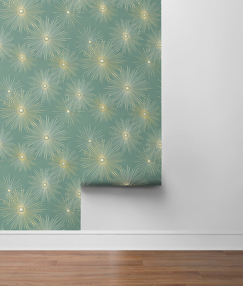 media image for Starburst Geo Teal & Gold Peel-and-Stick Wallpaper by NextWall 243