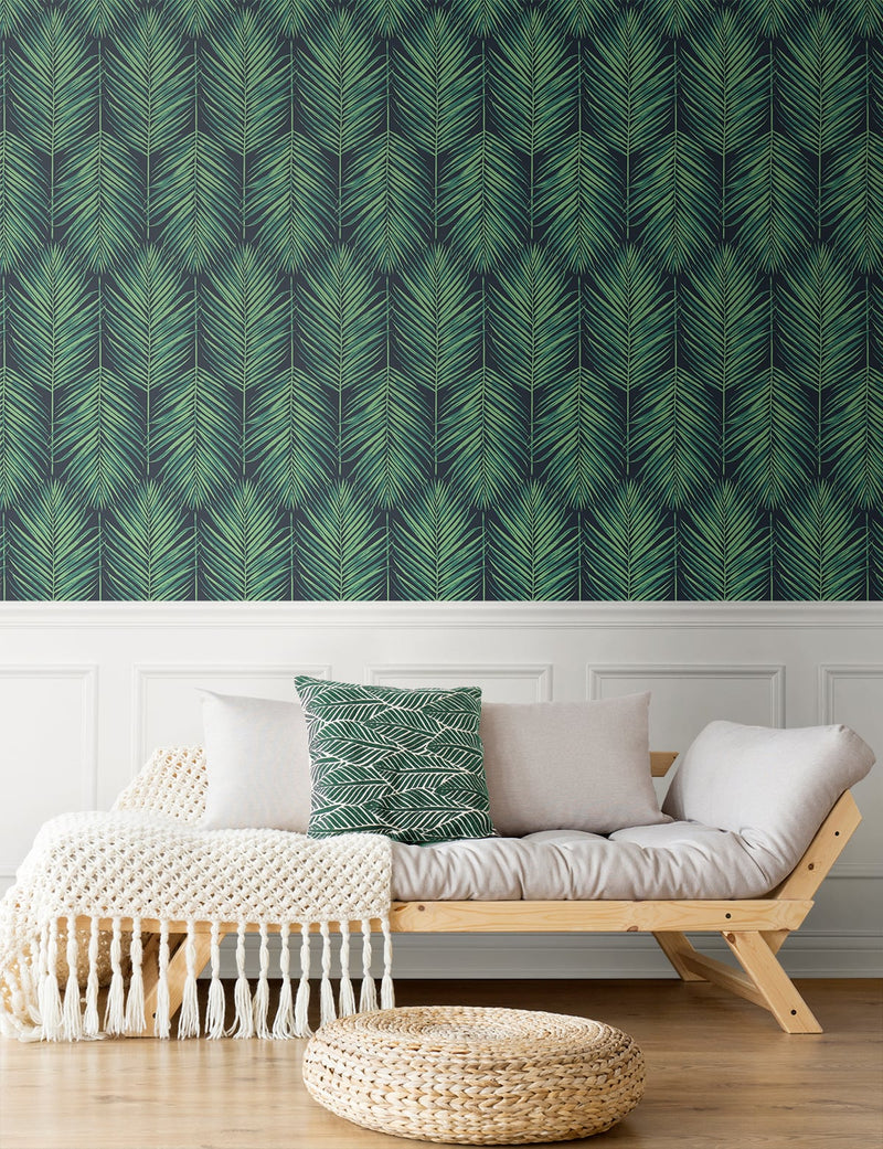 media image for Tropic Palm Midnight Blue & Sea Green Peel-and-Stick Wallpaper by NextWall 232