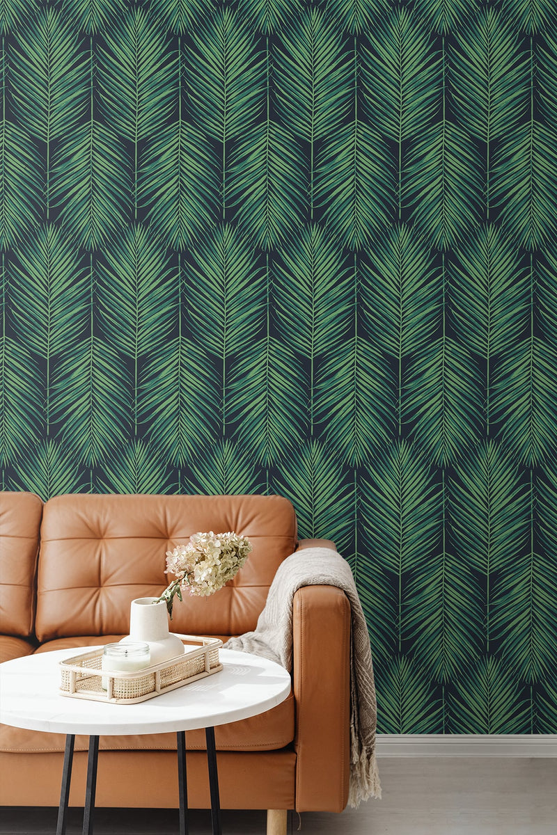 media image for Tropic Palm Midnight Blue & Sea Green Peel-and-Stick Wallpaper by NextWall 284