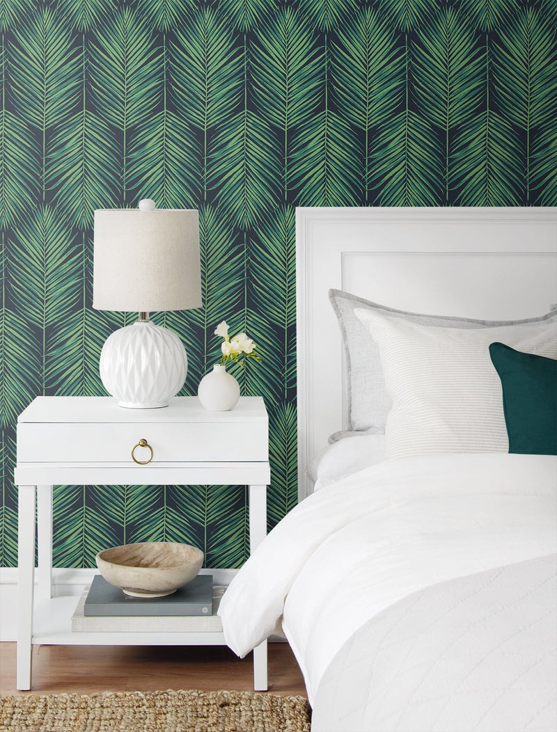 media image for Tropic Palm Midnight Blue & Sea Green Peel-and-Stick Wallpaper by NextWall 248