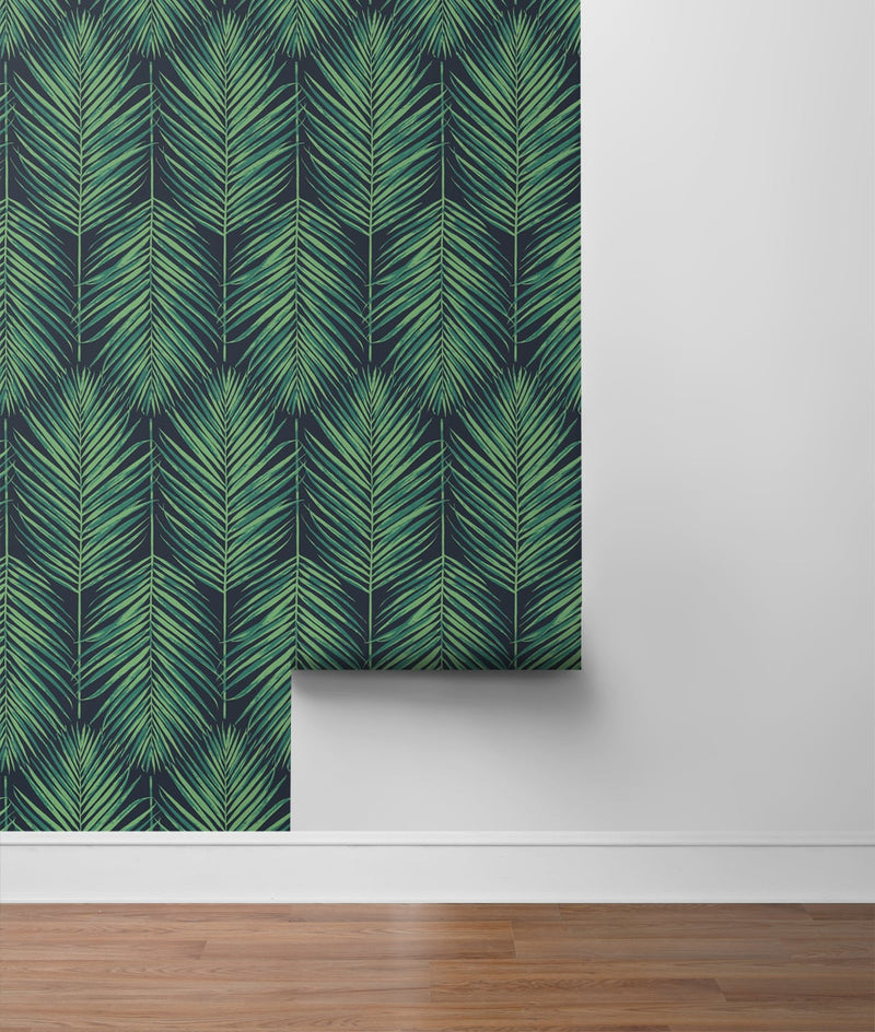 media image for Tropic Palm Midnight Blue & Sea Green Peel-and-Stick Wallpaper by NextWall 224