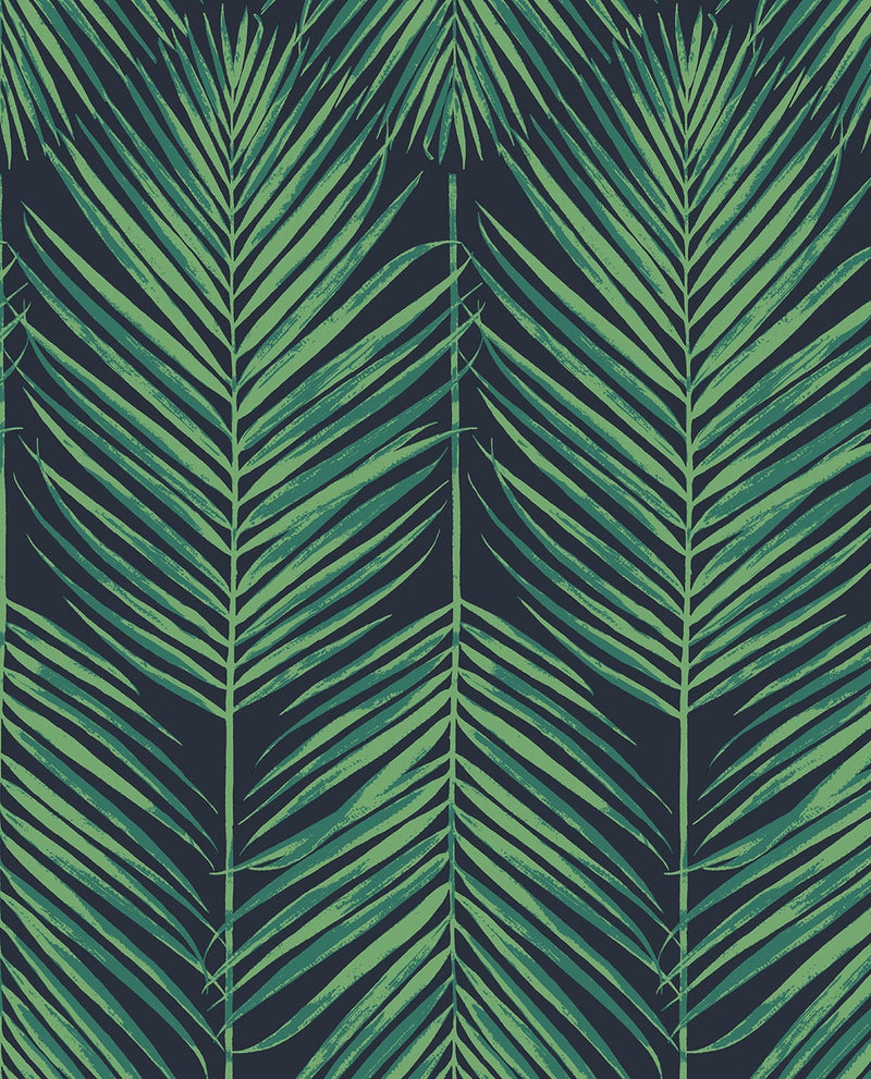 media image for Tropic Palm Midnight Blue & Sea Green Peel-and-Stick Wallpaper by NextWall 24