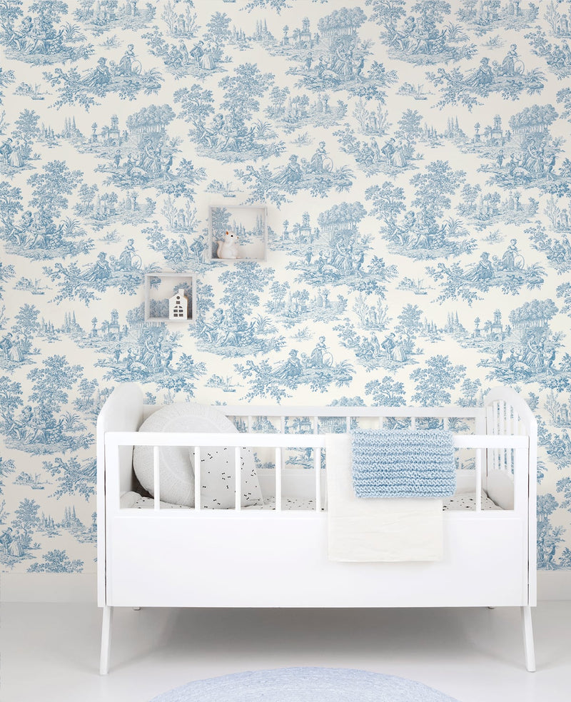 media image for Chateau Toile Blue Bell Peel-and-Stick Wallpaper by NextWall 290