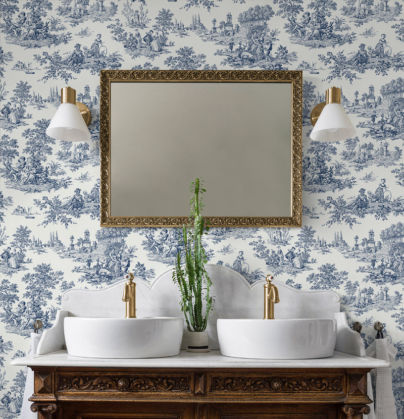 media image for Chateau Toile Peel-and-Stick Wallpaper in Navy Blue 229