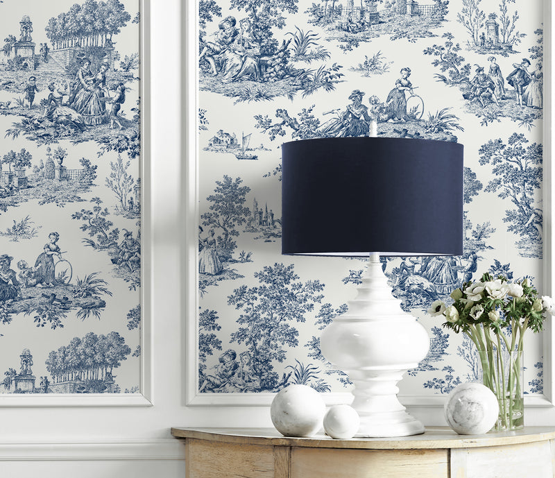 media image for Chateau Toile Peel-and-Stick Wallpaper in Navy Blue 262