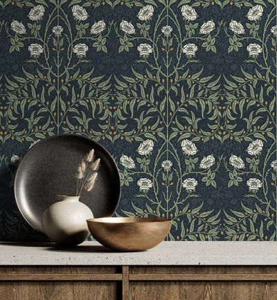 product image for Stenciled Floral Navy & Sage Peel-and-Stick Wallpaper by NextWall 21