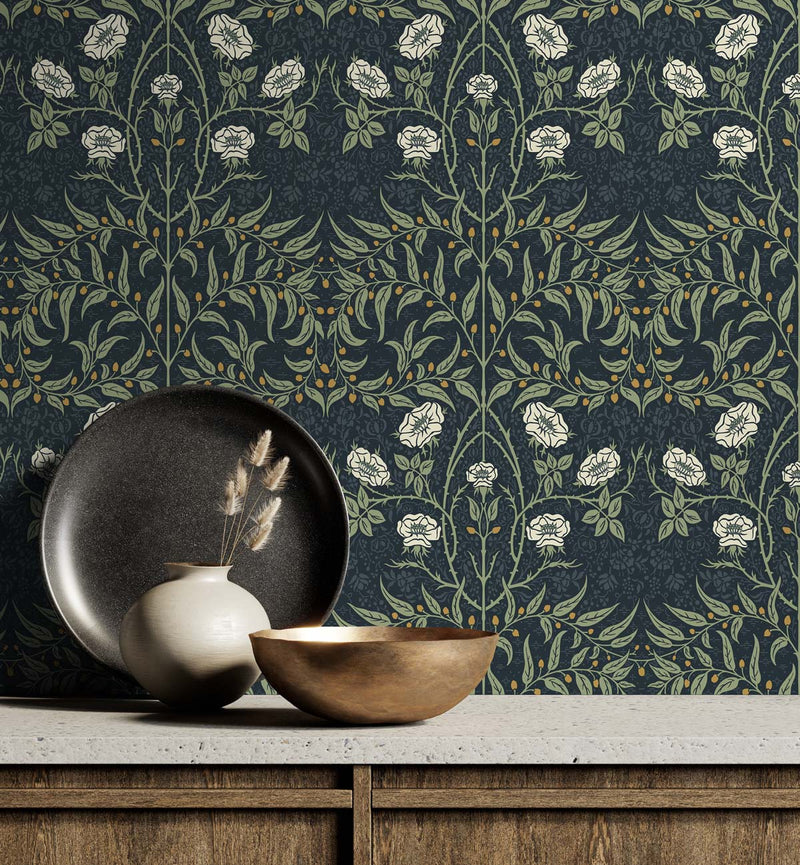 media image for Stenciled Floral Navy & Sage Peel-and-Stick Wallpaper by NextWall 281