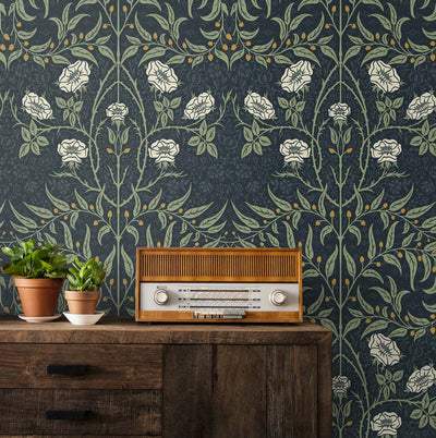 product image for Stenciled Floral Navy & Sage Peel-and-Stick Wallpaper by NextWall 0