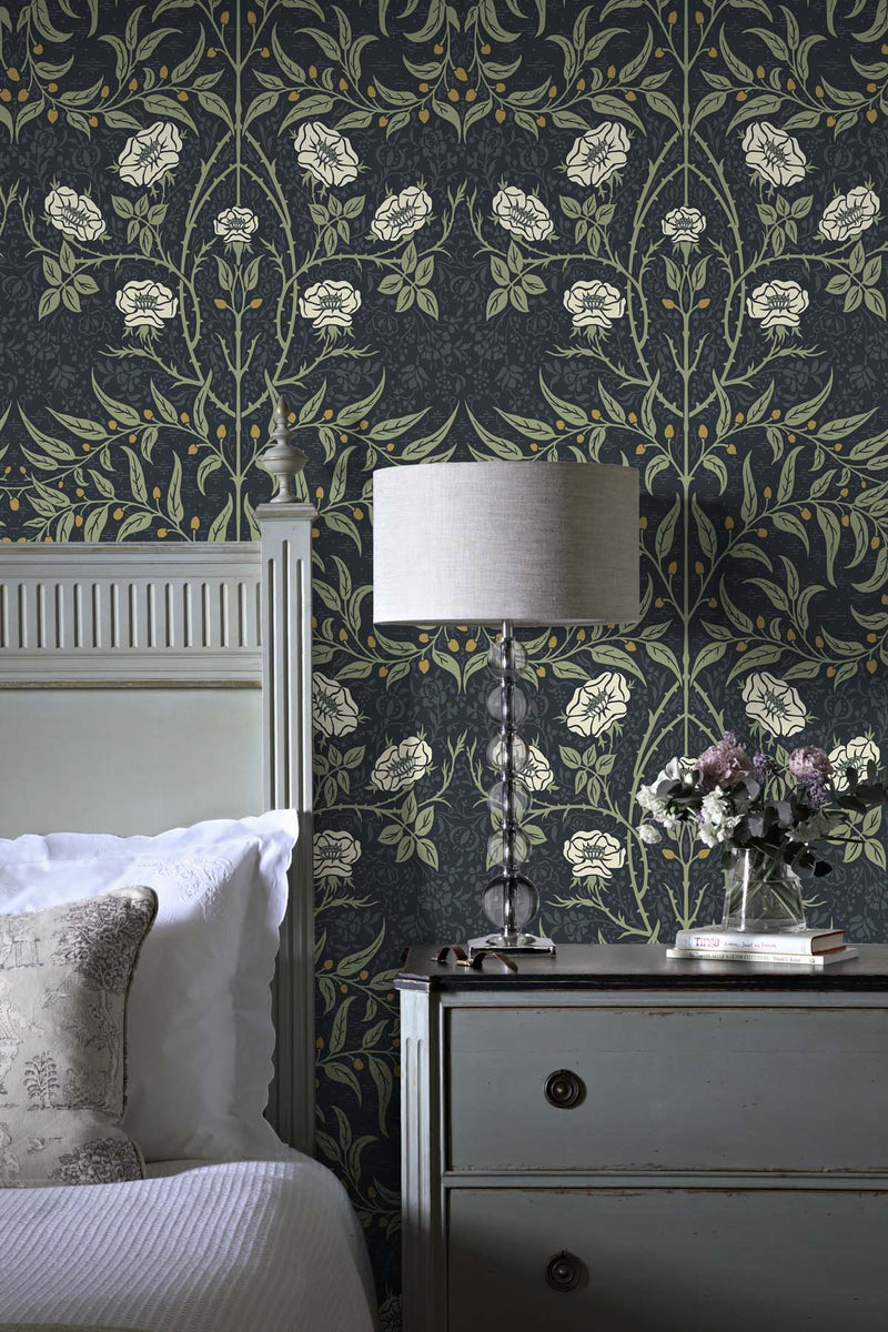 media image for Stenciled Floral Navy & Sage Peel-and-Stick Wallpaper by NextWall 235