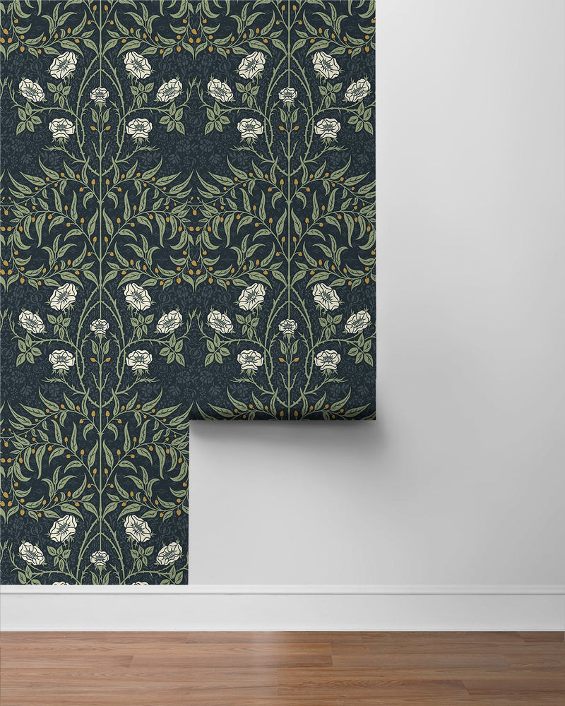 media image for Stenciled Floral Navy & Sage Peel-and-Stick Wallpaper by NextWall 293