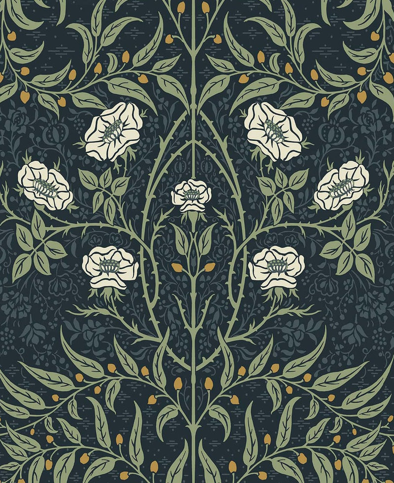 media image for Stenciled Floral Navy & Sage Peel-and-Stick Wallpaper by NextWall 23