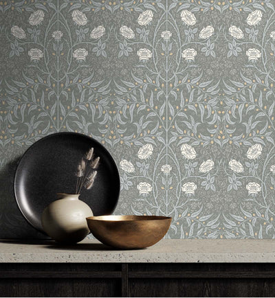 product image for Stenciled Floral Alloy Grey Peel-and-Stick Wallpaper by NextWall 60