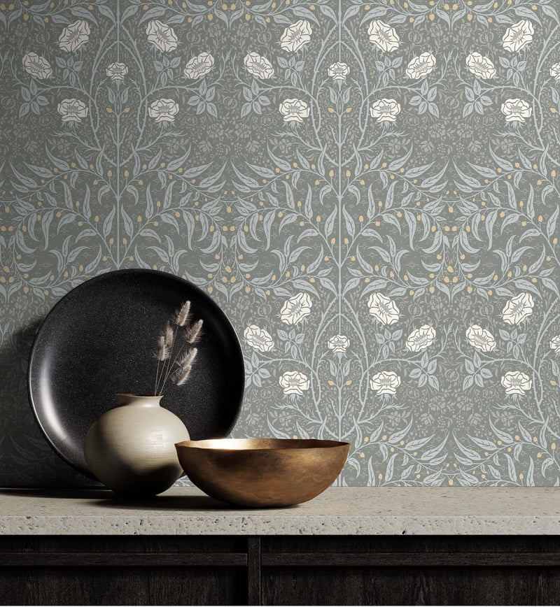 media image for Stenciled Floral Alloy Grey Peel-and-Stick Wallpaper by NextWall 255