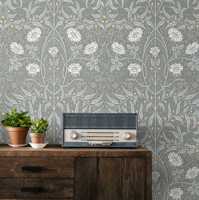 product image for Stenciled Floral Alloy Grey Peel-and-Stick Wallpaper by NextWall 26