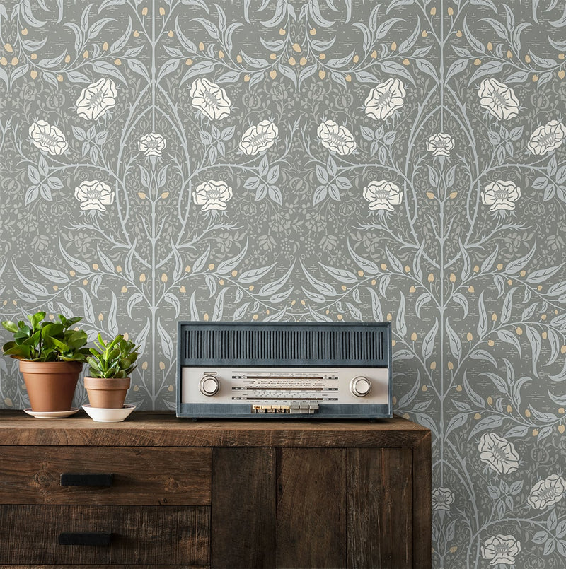 media image for Stenciled Floral Alloy Grey Peel-and-Stick Wallpaper by NextWall 264