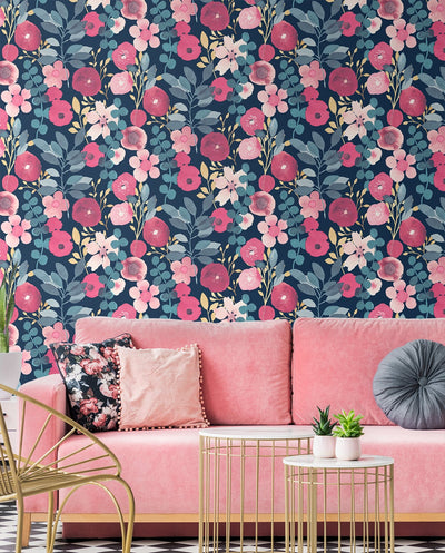 product image for Garden Dance Navy & Magenta Peel-and-Stick Wallpaper by NextWall 92