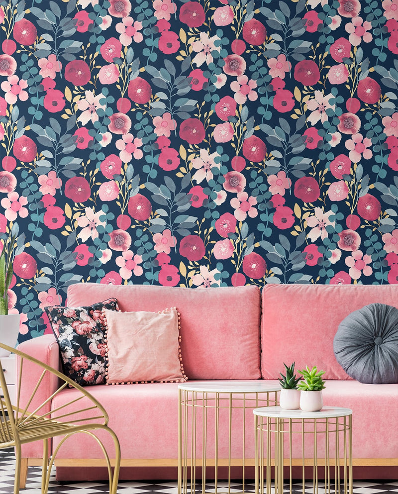 media image for Garden Dance Navy & Magenta Peel-and-Stick Wallpaper by NextWall 234