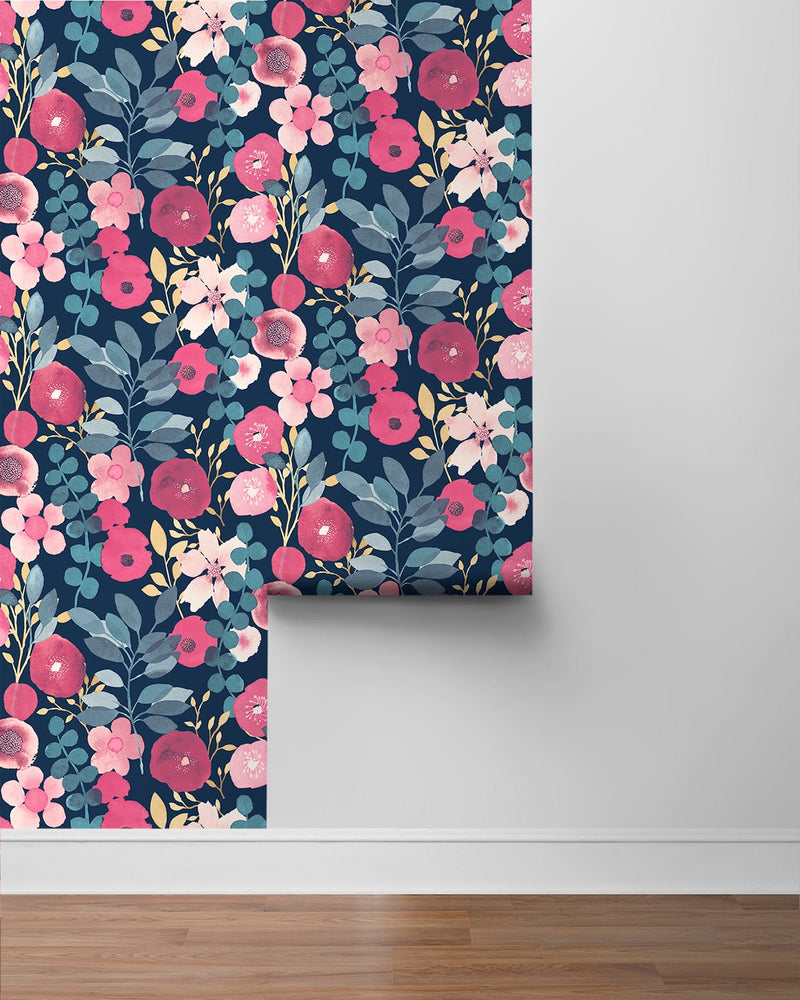 media image for Garden Dance Navy & Magenta Peel-and-Stick Wallpaper by NextWall 238