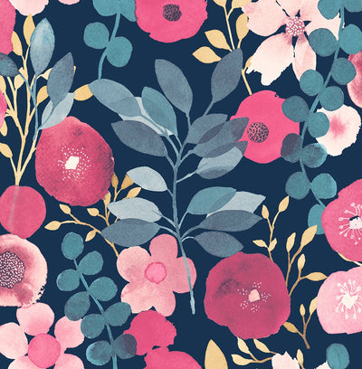 product image of Garden Dance Navy & Magenta Peel-and-Stick Wallpaper by NextWall 513