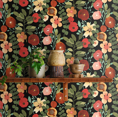 product image for Garden Dance Jet Black & Ruby Peel-and-Stick Wallpaper by NextWall 40