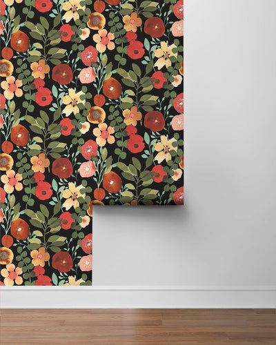 product image for Garden Dance Jet Black & Ruby Peel-and-Stick Wallpaper by NextWall 10