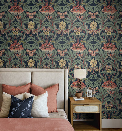 product image for Primrose Floral Denim Blue & Auburn Peel-and-Stick Wallpaper by NextWall 24