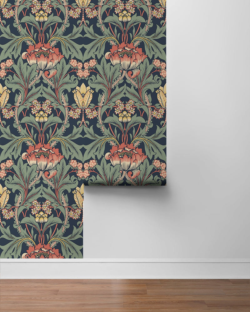 media image for Primrose Floral Denim Blue & Auburn Peel-and-Stick Wallpaper by NextWall 26