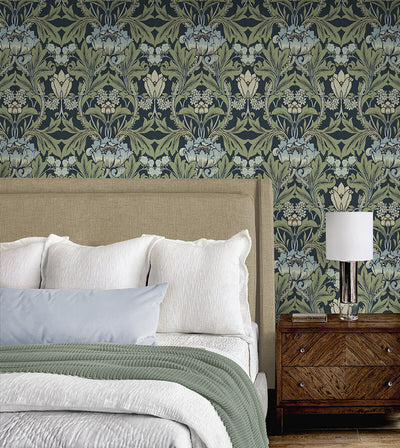 product image for Primrose Floral Peel & Stick Wallpaper in Midnight Blue & Sage 65