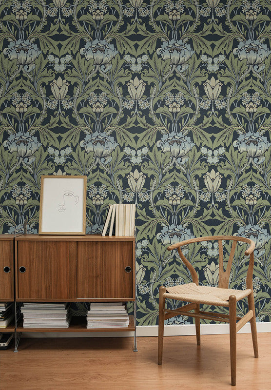 media image for Primrose Floral Peel & Stick Wallpaper in Midnight Blue & Sage 23