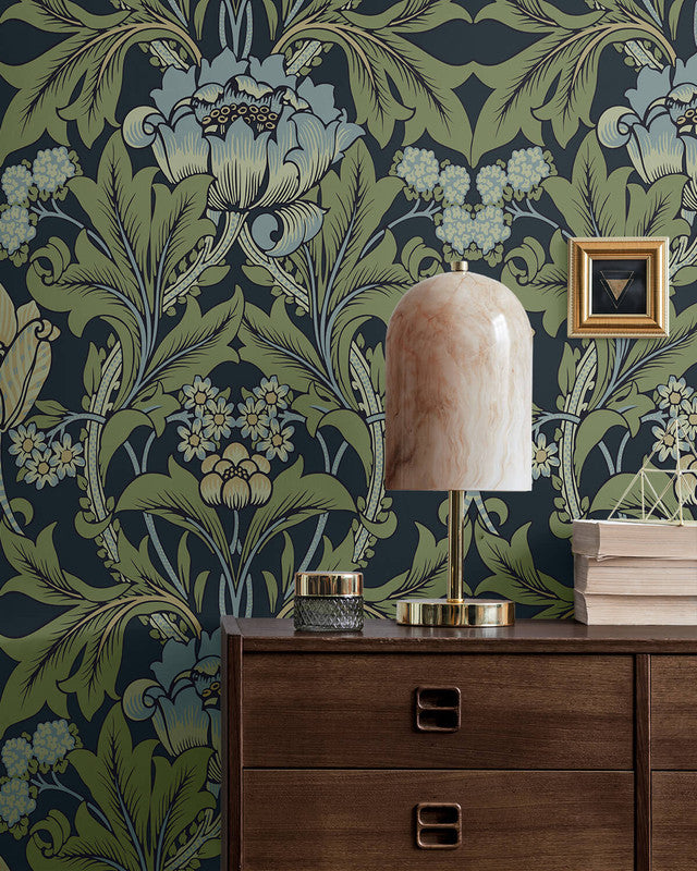 media image for Primrose Floral Peel & Stick Wallpaper in Midnight Blue & Sage 286