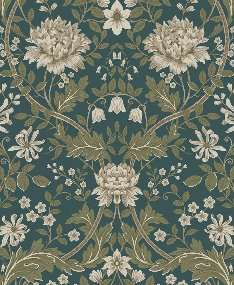 media image for Honeysuckle Trail Teal & Moss Green Peel-and-Stick Wallpaper by NextWall 264