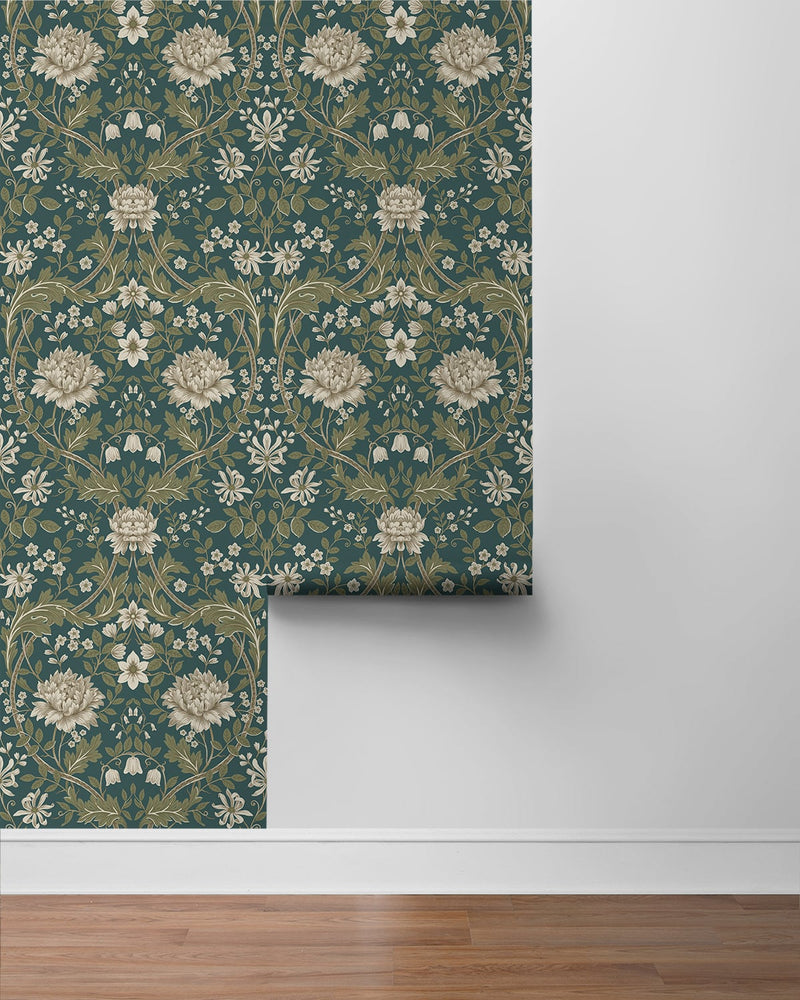 media image for Honeysuckle Trail Teal & Moss Green Peel-and-Stick Wallpaper by NextWall 279