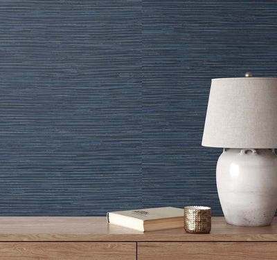 product image for Cyrus Faux Grasscloth Naval Blue & Silver Peel-and-Stick Wallpaper by NextWall 81