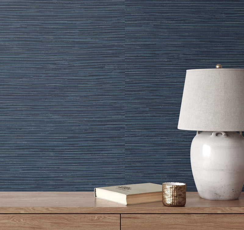 media image for Cyrus Faux Grasscloth Naval Blue & Silver Peel-and-Stick Wallpaper by NextWall 229