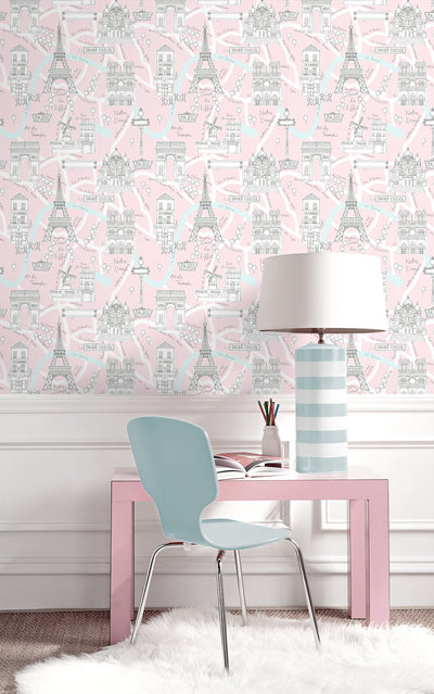 product image for Paris Scene Peel-and-Stick Wallpaper in Pale Pink 78