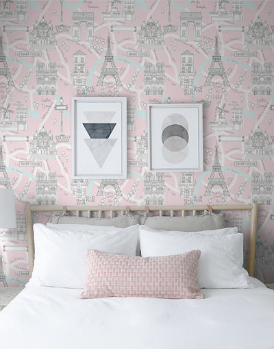 product image for Paris Scene Peel-and-Stick Wallpaper in Pale Pink 1