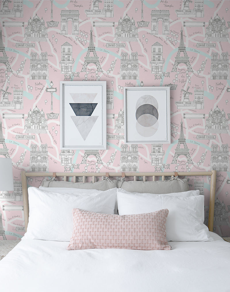 media image for Paris Scene Peel-and-Stick Wallpaper in Pale Pink 262