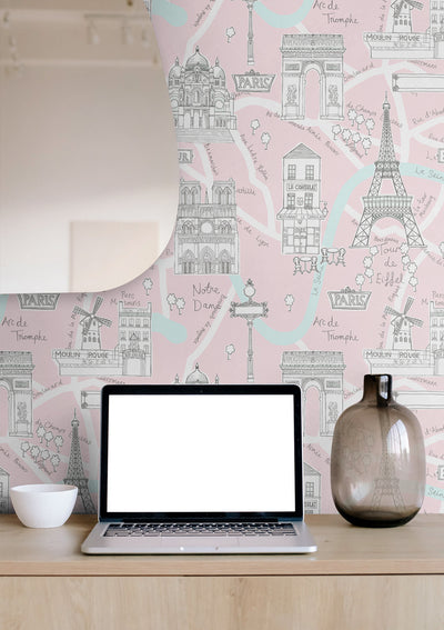 product image for Paris Scene Peel-and-Stick Wallpaper in Pale Pink 63