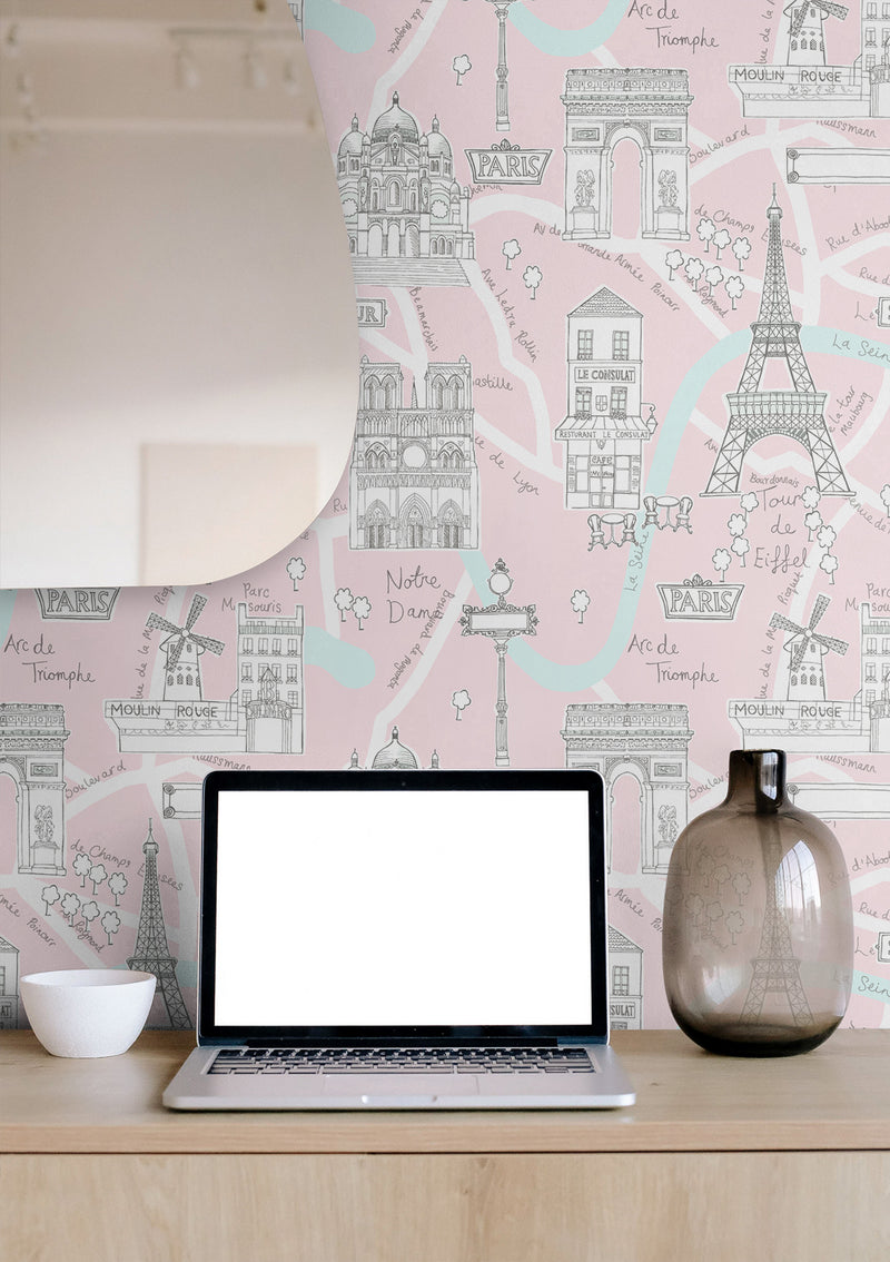 media image for Paris Scene Peel-and-Stick Wallpaper in Pale Pink 215