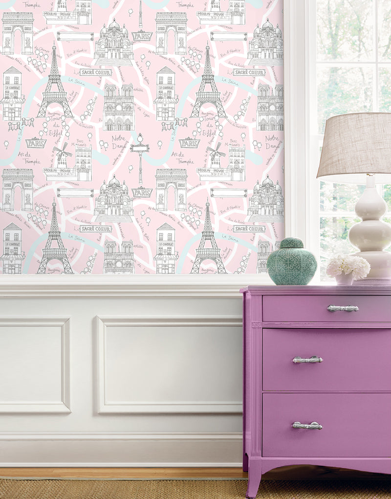 media image for Paris Scene Peel-and-Stick Wallpaper in Pale Pink 284