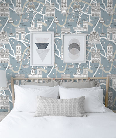 product image for Paris Scene Peel-and-Stick Wallpaper in Smokey Blue 43