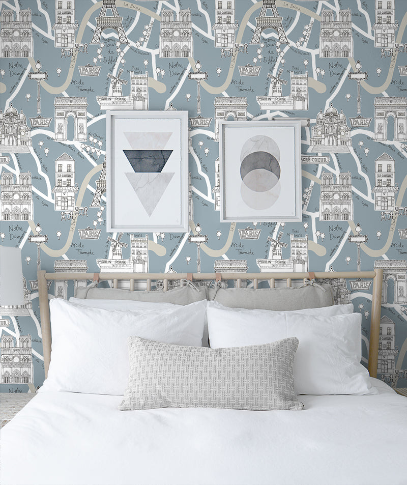 media image for Paris Scene Peel-and-Stick Wallpaper in Smokey Blue 258