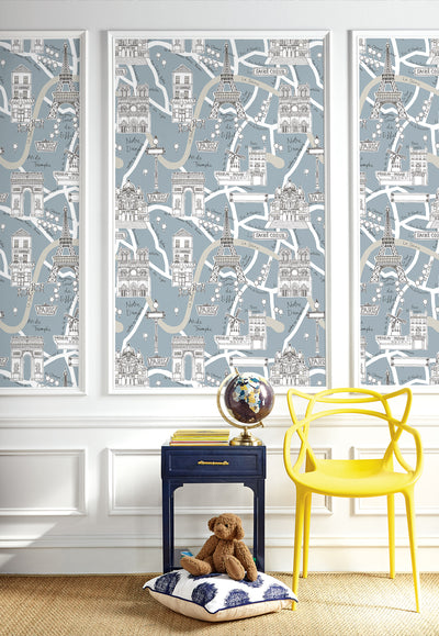 product image for Paris Scene Peel-and-Stick Wallpaper in Smokey Blue 18