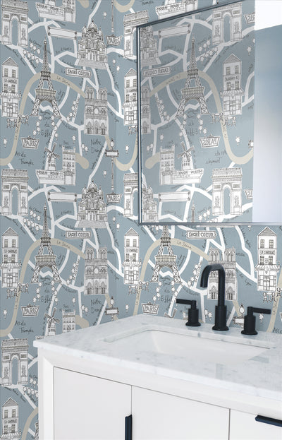 product image for Paris Scene Peel-and-Stick Wallpaper in Smokey Blue 36