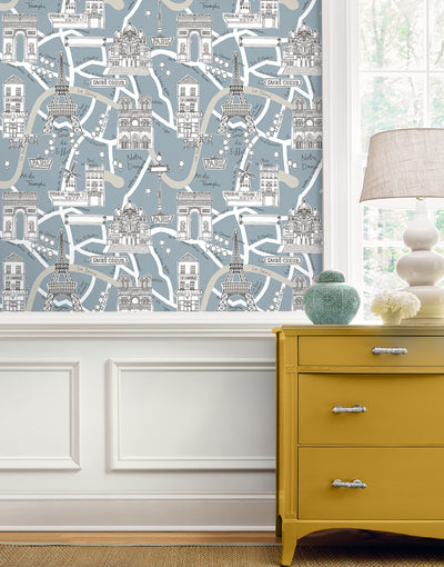 product image for Paris Scene Peel-and-Stick Wallpaper in Smokey Blue 26