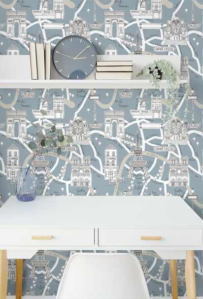 product image for Paris Scene Peel-and-Stick Wallpaper in Smokey Blue 41