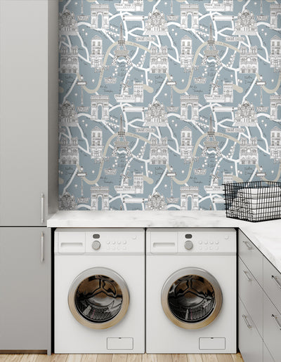 product image for Paris Scene Peel-and-Stick Wallpaper in Smokey Blue 29