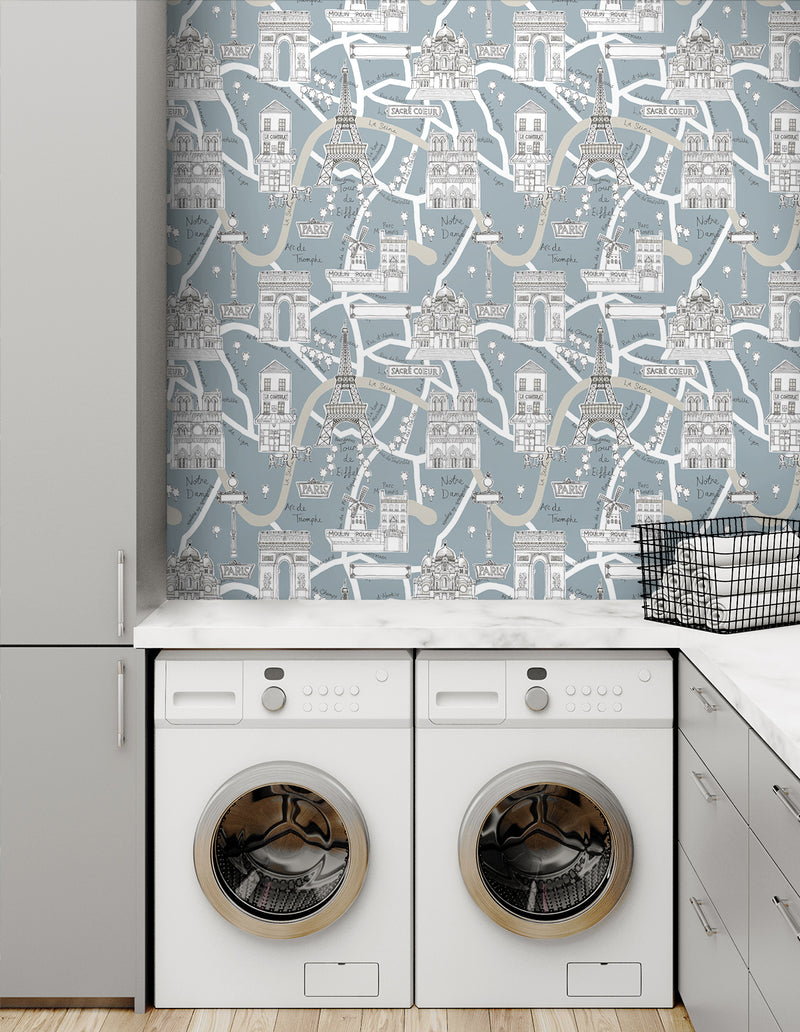 media image for Paris Scene Peel-and-Stick Wallpaper in Smokey Blue 25