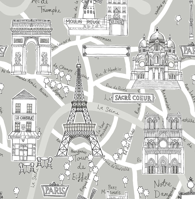 media image for Paris Scene Peel-and-Stick Wallpaper in Argos Grey 299