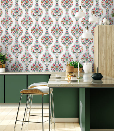 product image for Floral Ogee Peel-and-Stick Wallpaper in Rose Pink & Spruce 79